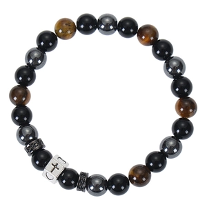 Detail of 8mm tiger eye beads and silver cross charm on a minimalist beaded bracelet