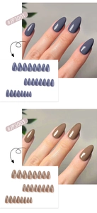 Glossy solid color press-on nails in deep grey-blue and mocha brown long almond shape