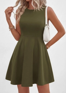 Macro detail of olive green sleeveless A-line dress fabric with soft texture and stitching