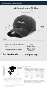 Size chart for washed cotton baseball cap showing brim, depth, and head circumference