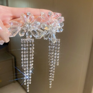 Luxury Artificial Crystal Flower Long Tassel Earrings With Rhinestones And Silver Earring Post Women Wedding Party Fashion