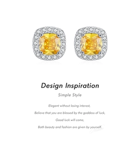 Detail view of square yellow diamond stud earrings with micro-pave halo in S925 silver