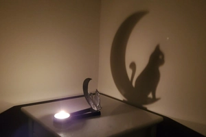 Detailed close-up view of the cat and moon shadow candle holder casting glowing wall silhouettes.