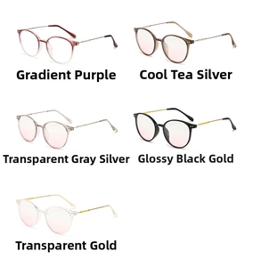Detail view showing five different colors of stylish round-frame anti-blue light glasses