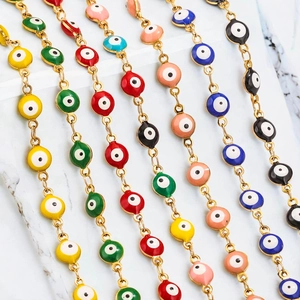 Colorful evil eye bead chains with 18K gold plated stainless steel for DIY jewelry making