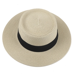 Women's minimalist flat top straw sun hat with black ribbon for beach and outdoor use