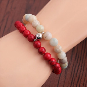 8mm red turquoise and amazonite beaded couple bracelets with magnetic ball charm