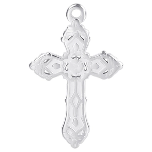 Polished silver stainless steel cross pendant with intricate vintage hollow engraving