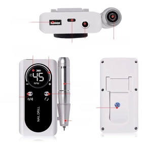 Detail view of portable nail drill with LED screen, 45K RPM speed and USB-C ports
