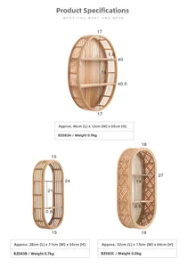 Detailed dimension guide for BZ083 series bamboo woven wall shelves and creative organizers