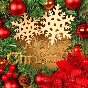 Christmas wreath with red berries, wood snowflakes and Merry Christmas sign decor