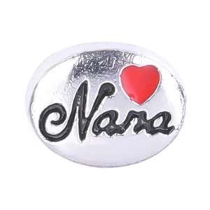 Silver oval floating charm with black Nana text and red heart for DIY modular bracelets
