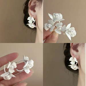 Elegant White Flower Drop Earrings With Faux Artificial Pearl And 925 Sterling Silver Earring Post For Women French Style