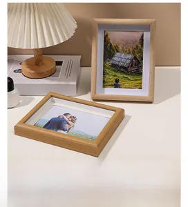 Macro detail of Nordic wooden photo frames with natural grain and high-clarity glass panels