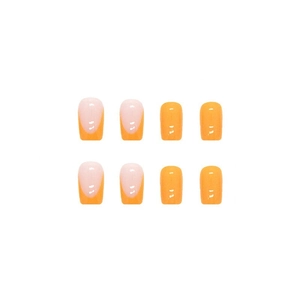 French tip artificial nails in vibrant orange and nude pink with square oval shape