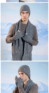 Three-piece winter knit set with beanie, scarf, and gloves in classic grey mélange