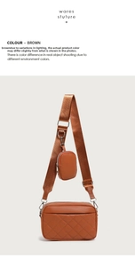 Detail of brown quilted faux leather camera bag with matching round coin purse charm