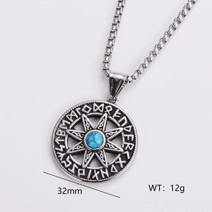 Retro stainless steel nordic rune circle pendant with turquoise stone inlay for men