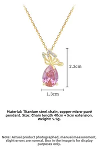 Detail of butterfly necklace with pink teardrop zircon and titanium steel chain dimensions