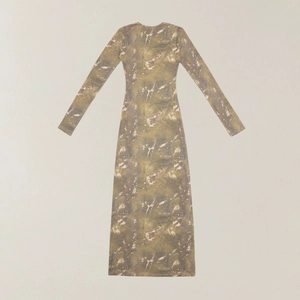 Flat lay of slim-fit maxi dress featuring abstract marble print in green and khaki
