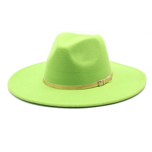 Detail of neon green wool fedora with a glossy gold ribbon and metallic buckle