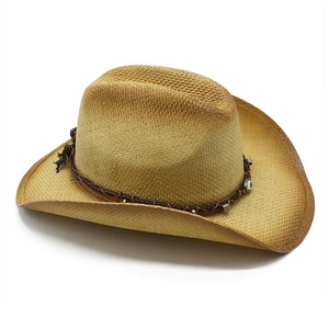 Straw western cowboy hat with evil eye bead and brown gradient brim for sun protection