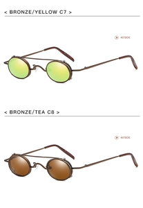 Detail view of steampunk round metal sunglasses in bronze finish with dual lens colors