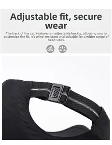 Detail of adjustable strap and buckle on black quick-dry sports baseball cap for a secure fit