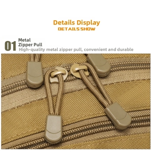 Macro shot of durable dual zippers with non-slip cord pulls on khaki tactical backpack