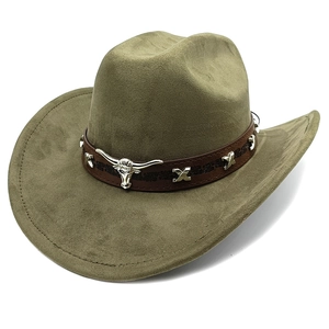 Detail of olive green suede western cowboy hat with silver bull head metal ornament