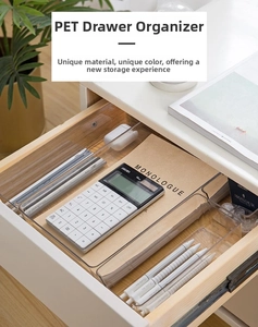 Close-up of a clear PET drawer organizer for stationery and office supplies