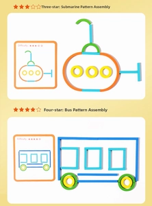 Close-up of colorful wooden building blocks and difficulty cards for creative child puzzles