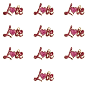 Set of 10 gold-trimmed heart pendants with pink glitter and engraved Love script