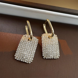Boucles D'oreilles Créoles Pendantes Rectangulaires Plaquées Or Strass Géométrique Bijoux Élégants Avec Tige En Acier Femmes