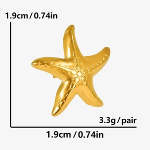 Detailed view of 18k gold starfish earrings with dimensions 1.9cm and weight specs