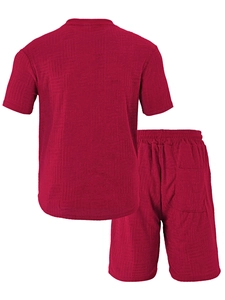 Rear view of dark red men's casual two-piece set featuring premium waffle texture fabric