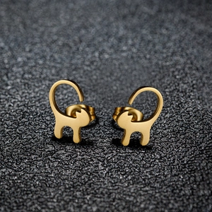 Minimalist Stainless Steel Cat Stud Earrings For Women Cute Cartoon Animal Pet Kitty Long Tail Polished Jewelry Accessory