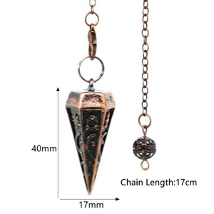 Copper hexagonal pendulum pendant with hollow patterns and 17cm chain measurements