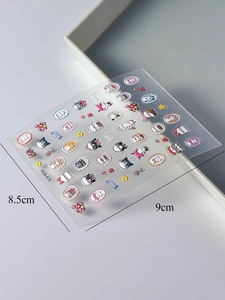 Detailed view of cartoon cat nail art stickers with small floral patterns 9x8.5cm