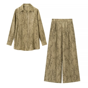 Vintage dark green long sleeve shirt and wide leg pants set with floral jacquard texture