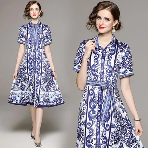 Floral Print Shirt Dress Chiffon Blue White Porcelain Style Short Sleeve Midi Length Belted Elegant Retro For Women