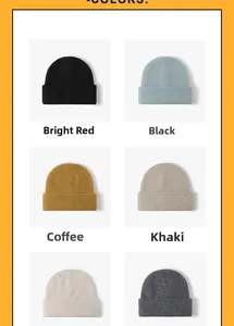 Detail view showing a variety of solid color thick knit beanies for autumn and winter