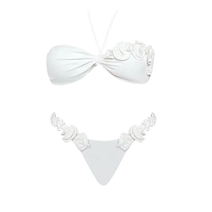 White two-piece halter bikini set featuring 3D floral accents on bandeau top and bottoms