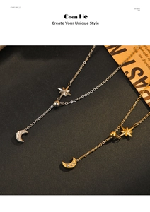 Detail of 14K gold plated Y-necklace with star and crescent moon crystal pendants