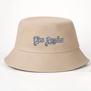 Detail of Los Angeles gothic lettering on khaki cotton canvas bucket hat fabric