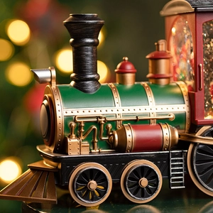 Vintage Christmas Santa train music box with glowing lights and festive snowflake decor