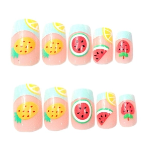 Summer fruit theme press-on nails with pineapple and lemon patterns on pastel base