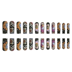 Long black press-on nails set with colorful flower and eye art designs, 24 pieces