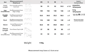 Detailed size chart for black cropped hooded jacket with measurements from XS to L