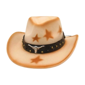 Western felt cowboy hat in light brown with star patterns and bull head metal buckle